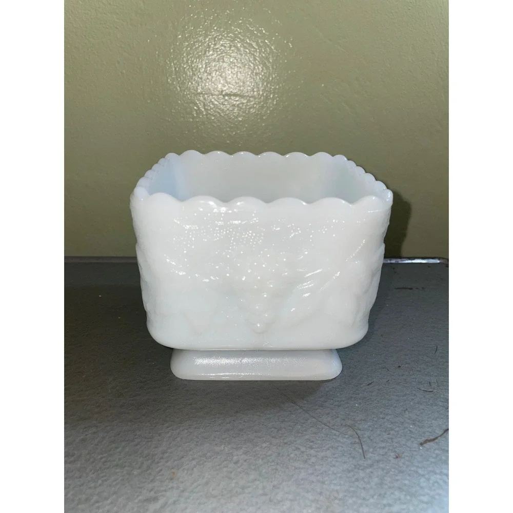 Vintage White Milk Glass Grape Harvest Scalloped Square Planter Trinket Dish
